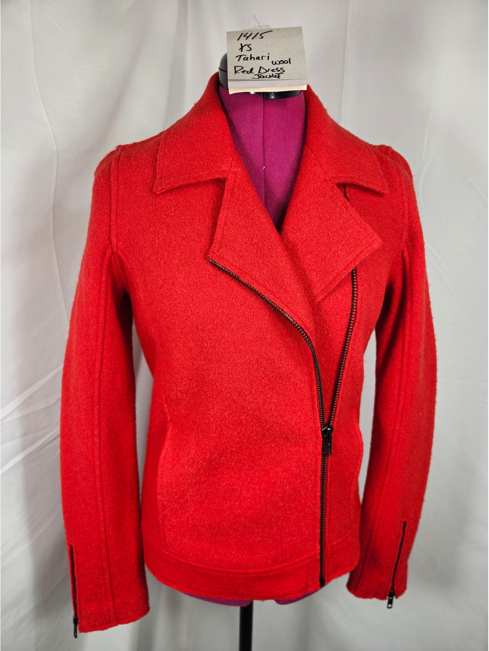 Tahari Women's XS Red Wool Biker Jacket Asymmetric Zip Long Sleeve Short RN75343